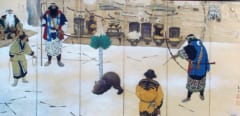 日本画家・村瀬義徳による「アイヌ熊祭屏風」、イオマンテでヒグマに矢を射ている場面である