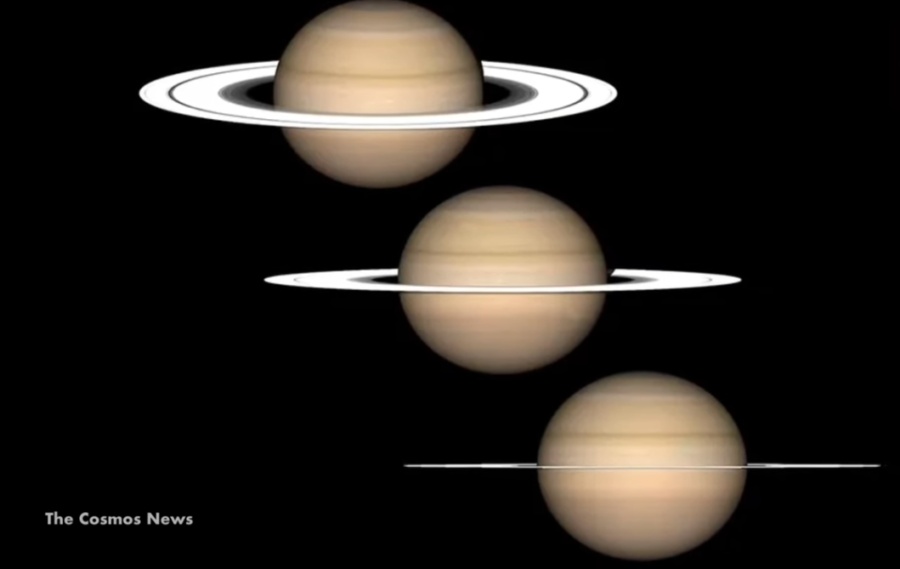 上から2023年、2024年、2025年の土星の環の傾き（地球から見た場合）