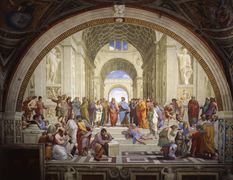 アテナイの学堂。ラファエロは古代の偉大な学者の姿を同時代の芸術家をモデルに描いており、中央のプラトンはダ・ヴィンチをモデルにしている。