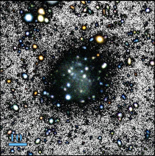 中央のぬーべー矮小銀河は、星の密度が異常に小さく、可視光をほとんど発さない。図は背景を抽出するためにカラー画像と白黒画像を合成したもの