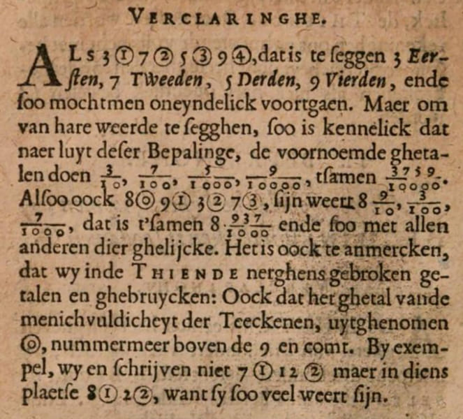 ステヴィンの著作『十進法』（1585）に見られる小数表記