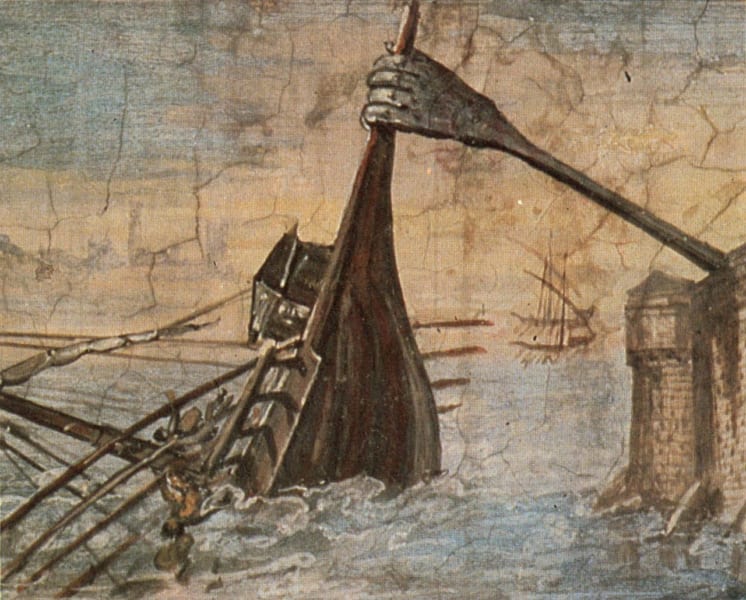 アルキメデスの鉤爪で沈没させられるローマ艦（1600年頃の壁画の一部）