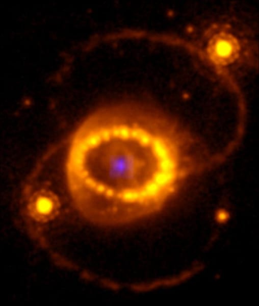 SN 1987A。中心の青い部分に中性子星がある
