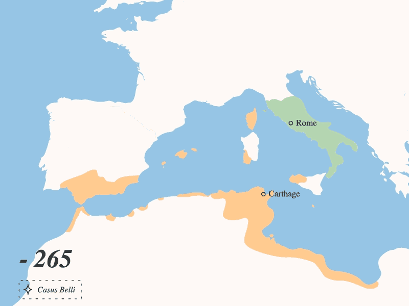 第一次〜第三次ポエニ戦争の領土の変遷（緑：ローマ、オレンジ：カルタゴ）、イタリア南部にあるのがシチリア島