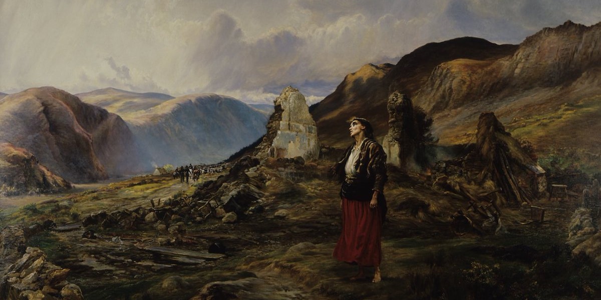 アイルランドの強制的な立ち退きを受けて家を失った女性農民の絵（1890年）