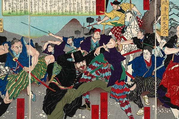 早川松山の「生麦之発殺」、ここで描かれている生麦事件は大名行列を馬に乗ったまま横切ったイギリス人を薩摩藩の武士が無礼討ちしたというものである。