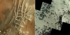 火星の地形に広がる「黒いシミ」（左）と、その下に存在するであろう「大量のクモ」のような模様（右）