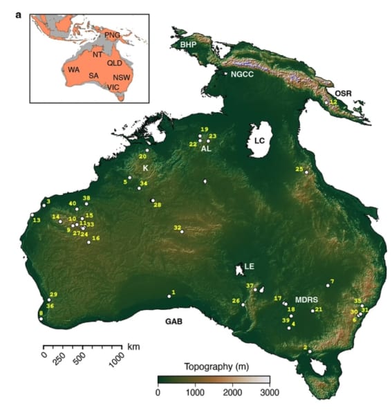 緑：オーストラリア大陸は北のニューギニアと南のタスマニア島と繋がっていた。左上：枠内のオレンジは今日の大陸