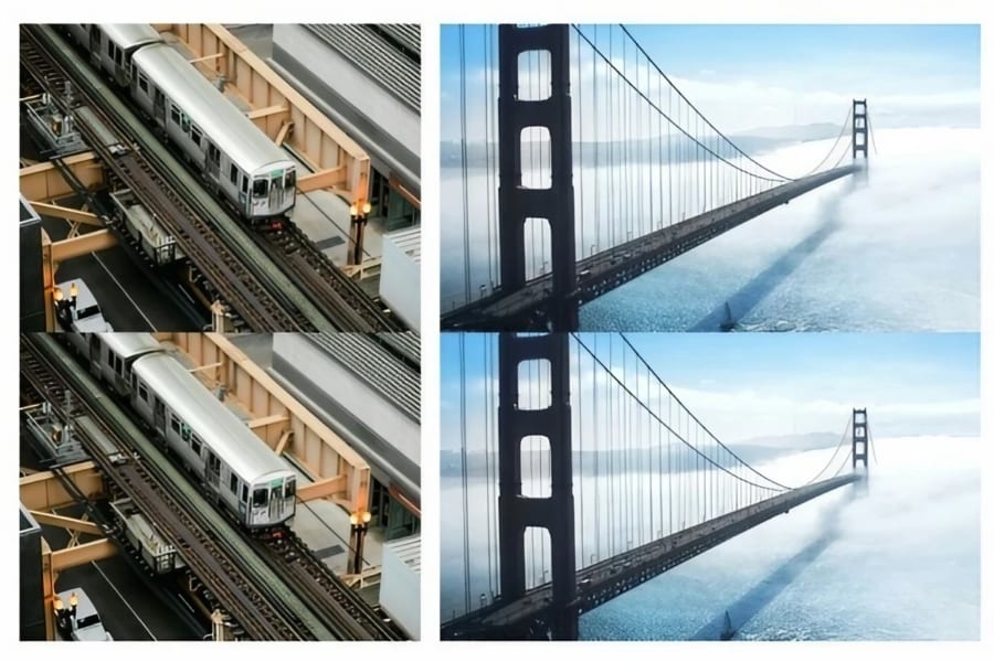 路面を走る電車や橋で生じる斜塔錯視の例。