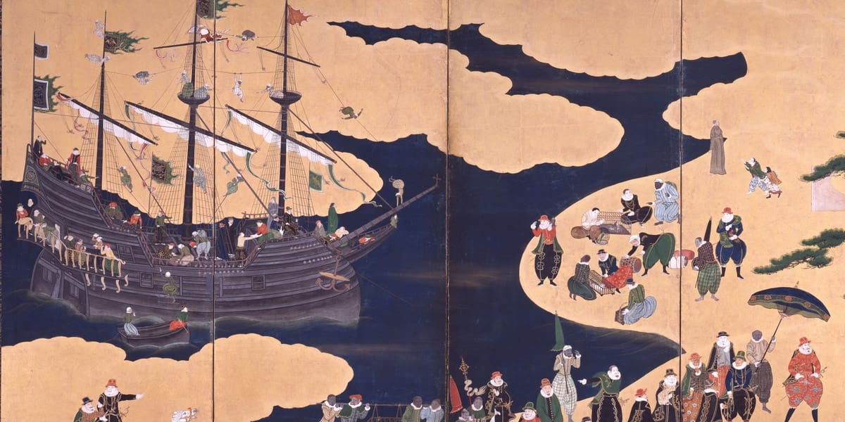 狩野内膳作『南蛮人渡来図』、ポルトガル人は鉄砲を日本に輸出し日本から奴隷を輸入した