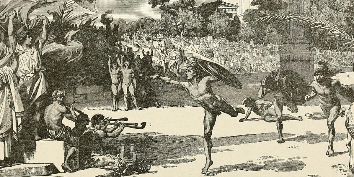 1915年に描かれた古代オリンピックの想像図、全員全裸で競技に臨んでいた