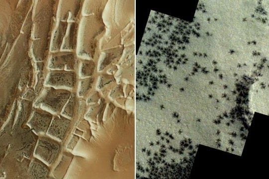 まるで宇宙の遺構！火星南極の謎多き地形「アングストゥス迷路」の黒いシミ